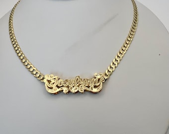 Personalized 10k or 14k real gold Double Name Necklace with solid gold Cuban link chain.