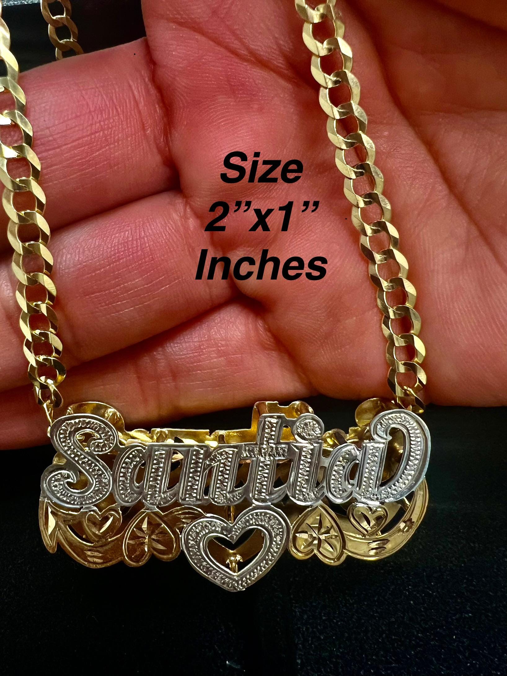 10k/14k solid gold personalized XL double name necklace, handmade name charm only or with 5mm Cuban link solid chain HEAVYWEIGHT.