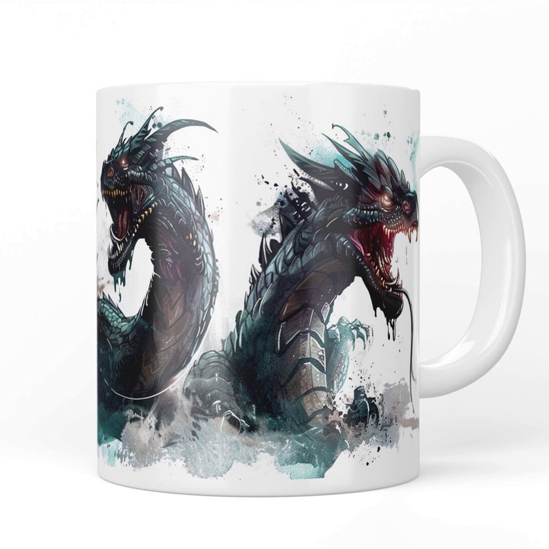 May include: White ceramic mug featuring a detailed illustration of two menacing dragons. The dragons are depicted in shades of black, teal, and red, with open mouths and sharp teeth. The design is set against a white background with watercolor-style splashes.