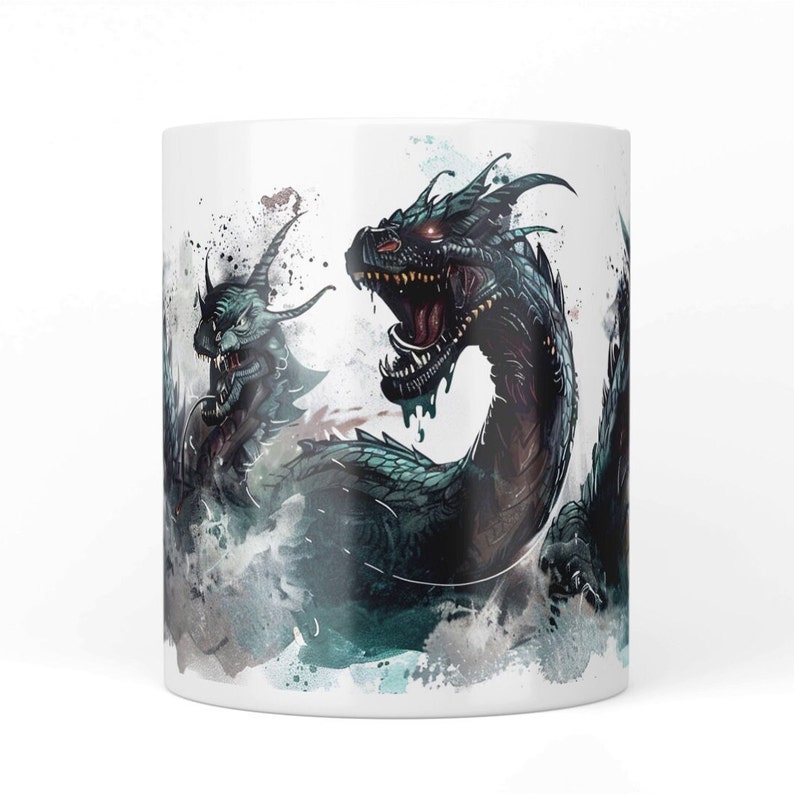 May include: White ceramic mug featuring a detailed illustration of a sea serpent with a menacing expression. The artwork showcases a dragon-like creature with dark green scales, red eyes, and an open mouth, set against a watercolor-style background.