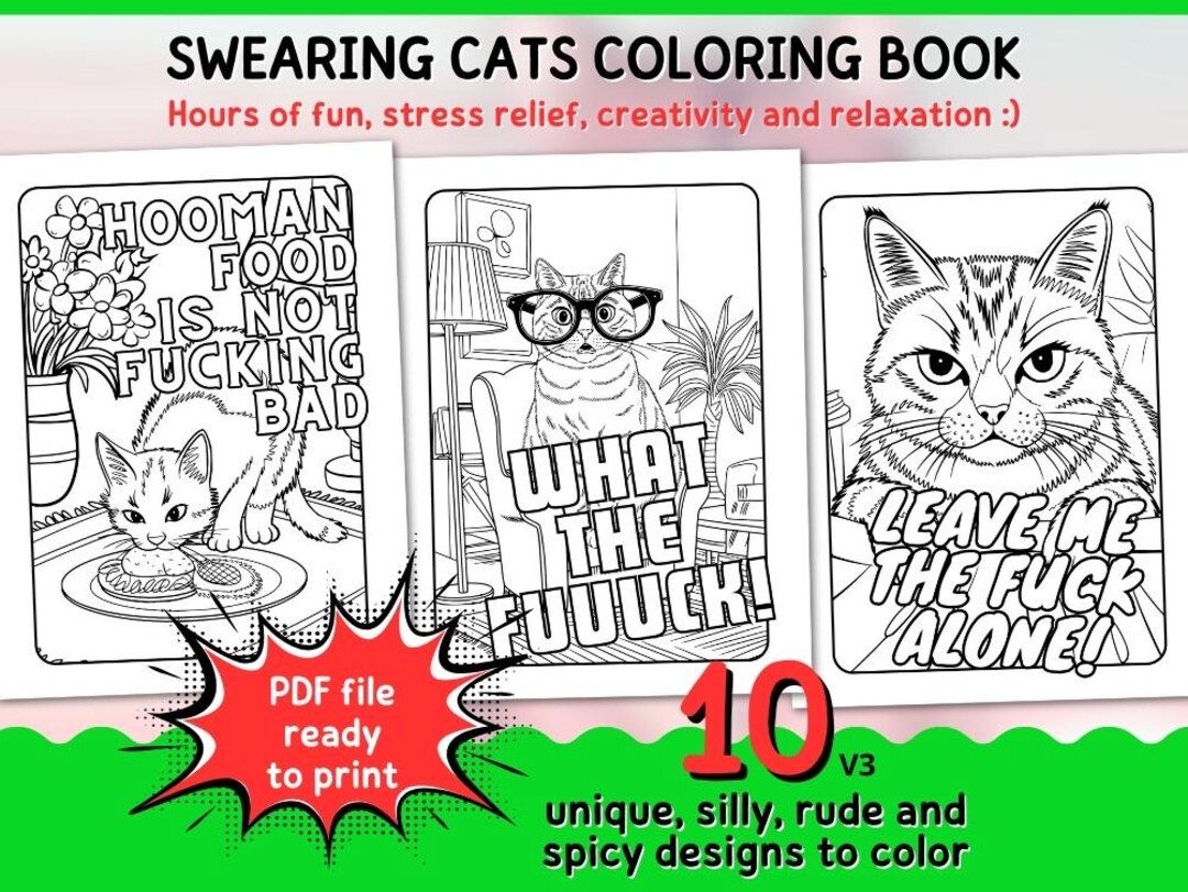 Swearing Cats Coloring Book for Adults. 10 Printable Coloring Pages ...