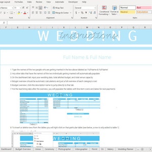Könnte beinhalten: Eine hellblaue und weiße Hochzeit-Budget-Spreadsheet-Vorlage mit Anweisungen zur Verwendung. Die Tabellenkalkulation enthält Registerkarten für Dashboard, Budgetübersicht, Veranstaltungsort, Zeremonie, Fotograf, Videograf, Florist, DJ, Bäckerei und Hochzeitsplaner.