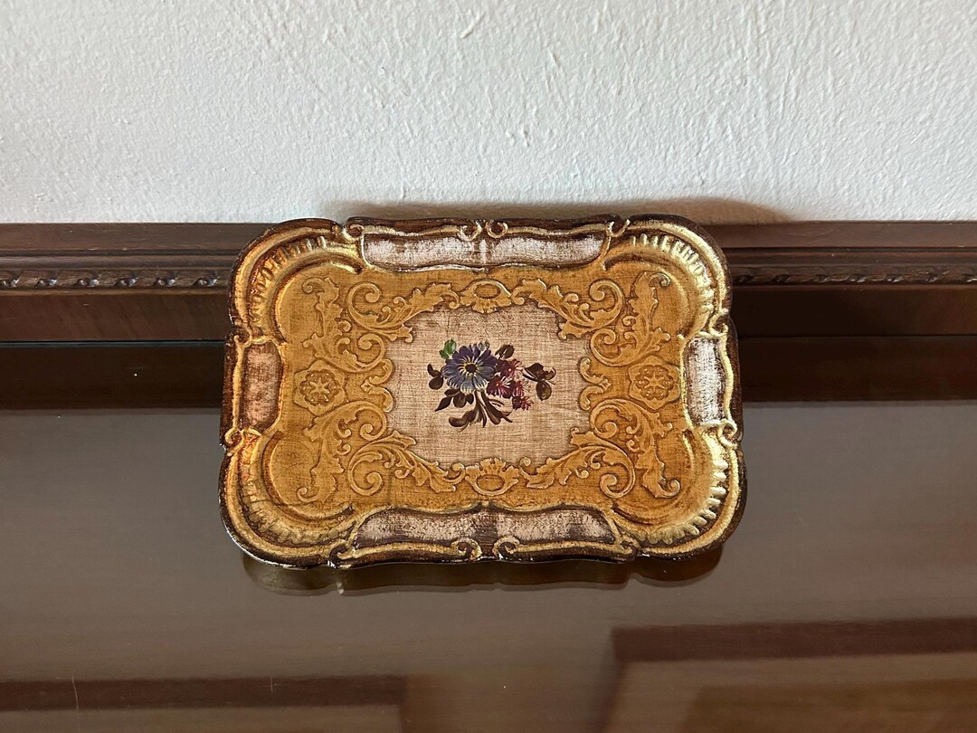 Vintage Mita Florentine 9'' X 6'' Floral Gilt Paper Tray Made in ...