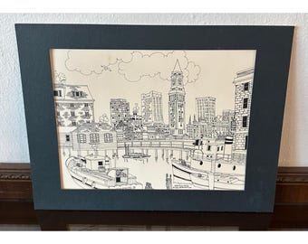 Vintage 1974 Helen McDermott Waterfront Boston Pen Ink Drawing Matted Art