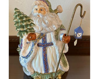 Vintage Old World Santa Lantern Blue Cookie Jar