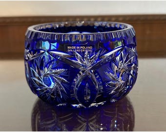 Molinillo de dientes de sierra vintage cortado en cristal transparente azul cobalto estilo bohemio checo