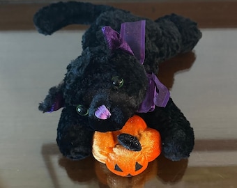 Dan Dee Halloween Black Cat Plush with Pumpkin and Purple Bow Stuffed Animal