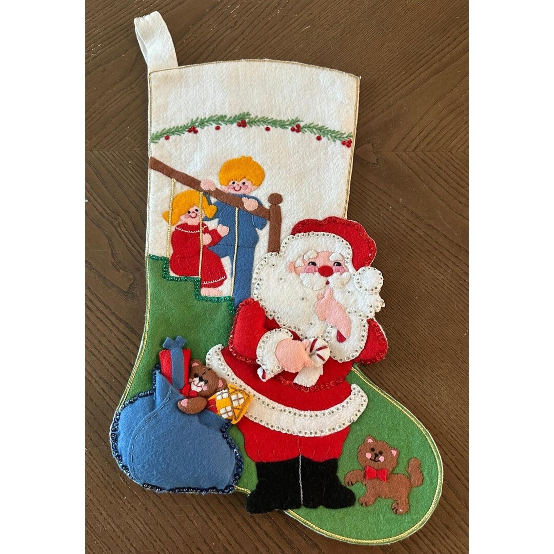 Vintage Bucilla Handmade Felt Christmas No Peeking Stocking Sequins ...