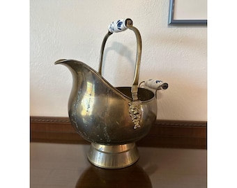 Vintage Large Brass Coal Scuttle Bucket Delft Handles Lions Heads 17'' x 14''