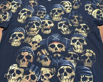 Vintage 90s Liquid Blue Pirate Skulls All Over Print AOP Black Shirt Size 2XL