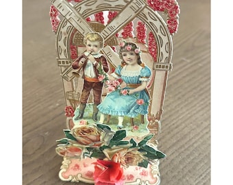 Antique Victorian Pull Down Valentine Card Windmill Boy Girl Die Cut Germany