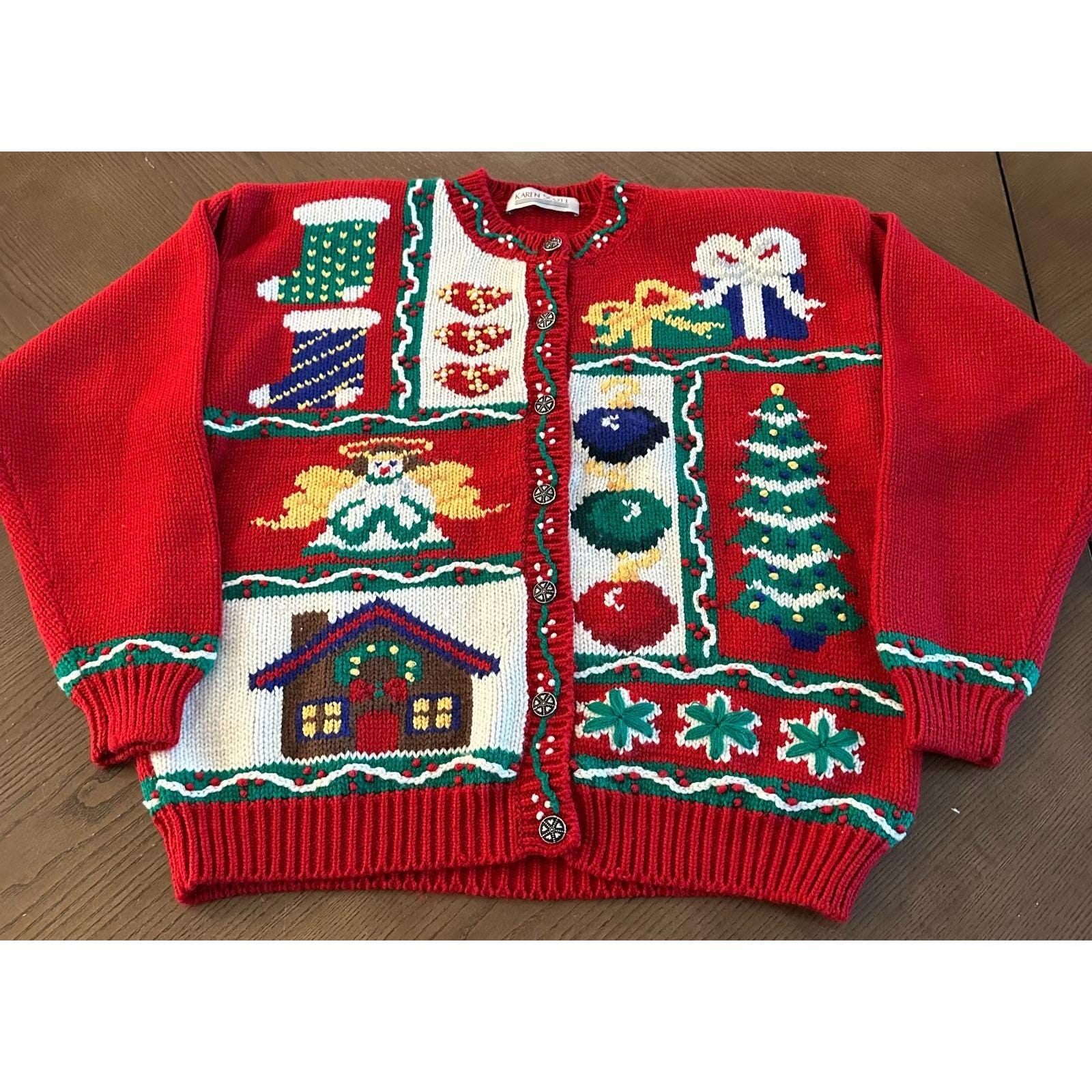 Karen Scott Christmas Cardigan Women's Petite Large Red Grandma Teacher
