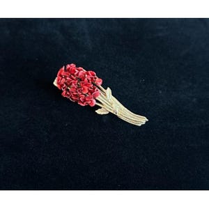 May include: A gold-toned brooch in the shape of a bouquet of red flowers. The flowers are clustered together, and the stems and leaves are detailed. The brooch is set against a dark background.