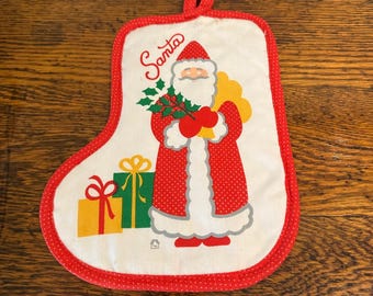 Vintage Santa Claus Stocking Shaped Potholder Red Polka Dot Christmas Decor
