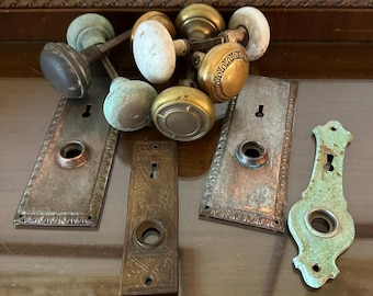 Vintage Lot Door Hardware Brass Porcelain Knobs Backplates