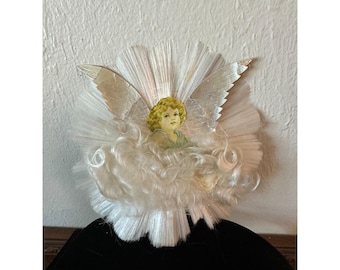 Vtg Christmas Angel Foil Wings Spun Glass Angel Hair Tree Topper Die Cut Gold