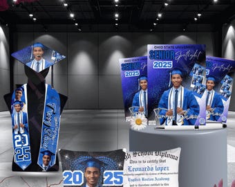 Graduation Design Template Bundle: Stole, Pillow, Diploma, Invitation Magazine, Blue Canva Editable PDF