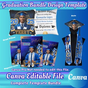 Plantilla de paquete de estola de graduación, almohada de graduación, diploma de graduación, banda PDF personalizable, revista de graduación, diseño de Canva, sublimación