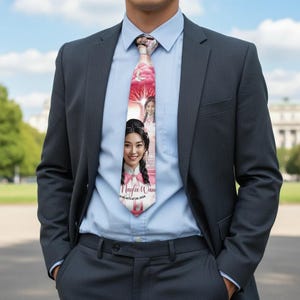 May include: A personalized tie featuring a portrait of a woman, with the name "Maylee Wang" and dates printed on it. The tie is worn with a light blue dress shirt and a dark gray suit jacket.