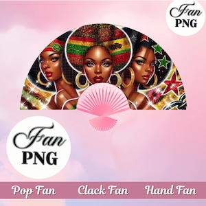 Peut inclure: Éventail rose avec une illustration de trois femmes aux coiffures élaborées et boucles d'oreilles dorées. L'éventail présente un motif décoratif avec des étoiles et le texte "Fan PNG". Le bas de l'image porte les mentions "Pop Fan", "Clack Fan" et "Hand Fan".