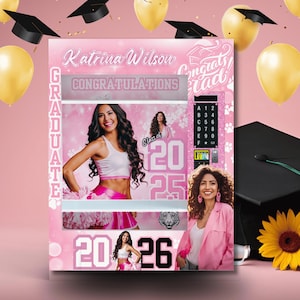May include: A pink graduation-themed vending machine design with the name "Katrina Wilson" and the word "Congratulations". The design includes images of a woman, the text "Class of 2025", and a graduation cap.