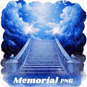 May include: A white stone staircase leading up to a bright blue sky with white doves flying overhead. The sky is filled with fluffy white clouds. The text "Memorial PNG" is at the bottom of the image.