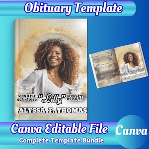 Obituary Template 6 pages Memorial Obituary Program PDF Funeral Memorial Image Obituary Design Funeral 11x8.5 Gold Canva Customizable