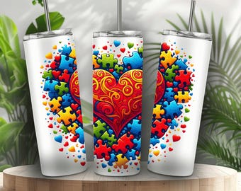 Autism Awareness Tumbler Wrap, Puzzle Heart Design, ASD 20oz Skinny PNG, Sublimation, DTF
