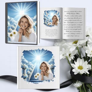 May include: A white book with a blue sky and clouds background. The book has a photo of a woman with a white background. The text on the book reads "DIY Keepsake Ribbons Templates, a vibrant collection of four eye-catching designs that allow you to craft personalized moments that never before. Each template serves as a blank canvas for your imagination, inviting you to explore your unique touch with photos, heartfelt text, and meaningful symbols. Whether you are commemorating a special event, celebrating a milestone, or simply seeking to express your"