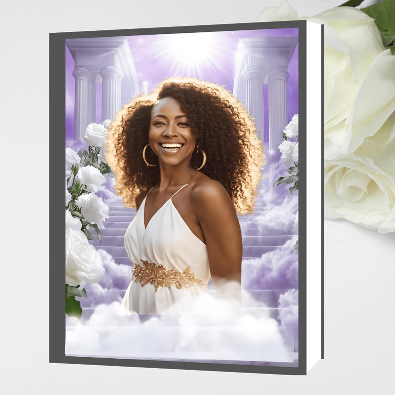 May include: A woman with curly hair smiles in a white dress with a gold belt. She stands on a stairway leading to a bright light in a purple sky. White roses are on either side of the stairway.