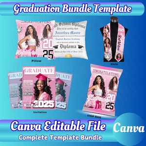Plantilla de almohada con diseño de graduación, estola, diploma, bolsa con chip de graduación, banda personalizable, PDF, revista, invitación, Canva, sublimación editable