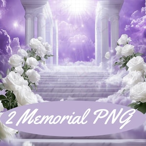 May include: A digital image of a stairway to heaven with white pillars and white roses on either side. The background is a purple sky with clouds and a bright light shining down. The text "2 Memorial PNG" is at the bottom of the image.