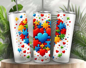 Autism Awareness Tumbler Wrap, Puzzle Heart Design, ASD 20oz Skinny PNG, Sublimation, DTF