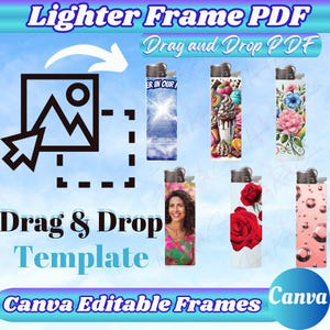 May include: A digital template for creating custom lighter designs. The template features a drag and drop interface, allowing users to add their own images and text to the lighter design. The template is compatible with Canva, a popular online design platform. The image shows several examples of custom lighter designs, including a design with a sky background, a design with a floral pattern, and a design with a portrait of a woman.