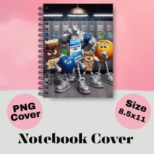 May include: Spiral-bound notebook cover featuring a group of animated food characters in a locker room setting. The cover includes the text "PNG Cover" and "Size 8.5x11" in pink circles, and the words "Notebook Cover" at the bottom.