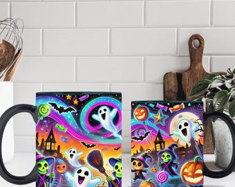 Halloween Mug Sublimation Design: Spooky Ghosts & Pumpkins (PNG Digital Download)