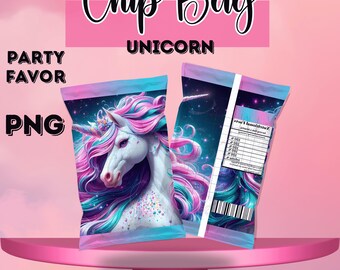 May include: Two unicorn-themed chip bag designs. The front of the bag features a white unicorn with pink and blue hair. The text "Chip Bag" and "Unicorn" are displayed at the top. The words "Party Favor" and "PNG" are also visible.