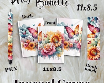 May include: A journal cover bundle with a floral and butterfly design. The bundle includes a pen, journal covers, and a bookmark. The journal covers are 11x8.5 inches and feature sunflowers, roses, and butterflies.