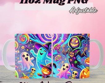May include: White ceramic mug with a vibrant Halloween design. The design includes ghosts, jack-o'-lanterns, skeletons, and lollipops set against a swirling background. Text on the mug reads "11oz Mug PNG", "Adjustable", and "Mug Wrap Design".