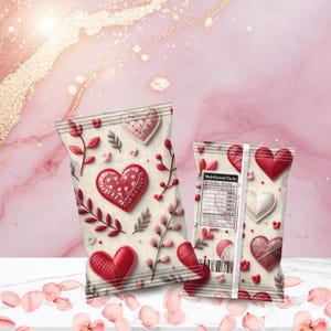 Op de afbeelding: Twee snackzakken met Valentijnsthema. De zakken zijn versierd met rode en witte harten, bloemaccenten en een beige achtergrond. Eén zak toont een voedingsetiket. De zakken liggen op een wit oppervlak met roze rozenblaadjes.