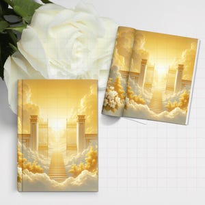 Op de afbeelding: Een gouden poort met een trap die naar een helder licht in de wolken leidt. De poort is omgeven door wolken en een gouden hemel.