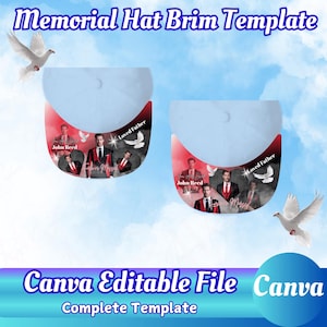 May include: Two white doves fly in a blue sky above two red and white hat brims with a photo of a man and the text "John Reed" and "Loved Father". The brims are for a memorial hat template that is editable in Canva.