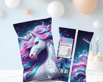 May include: Two snack bags with a unicorn design. The unicorn has a white body, a pink and blue mane, and a jeweled horn. The background is a starry night sky. One bag has a nutritional facts label.