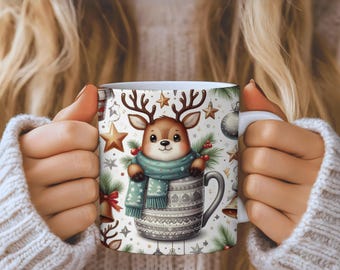 Merry Christmas 11oz Mug Wrap, Reindeer PNG, Funny Christmas 15oz Mug Bundle, Sublimation, Xmas Holiday Bells, Template, Digital Download