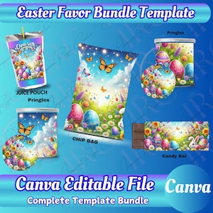 May include: Printable Easter favor bundle template for Canva. Includes designs for juice pouches, chip bags, candy bars, and Pringles cans. Features an Easter egg and butterfly design with a bright blue background.