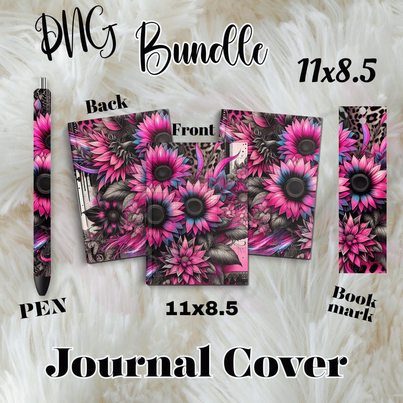 Floral Journal Cover PNG: Pink Sunflower Design (11x8.5 Digital ...