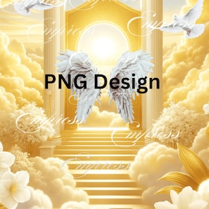 以下が含まれることがあります： 白い天使の羽根のペアと、明るい光に向かって続く金色のアーチと階段。背景は白い鳩が飛んでいる曇り空です。