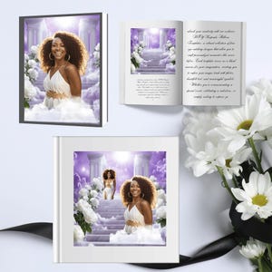 May include: A white book cover with a purple and white image of a woman standing on a staircase with white roses and clouds. The text "My  Remarkable  Relics" is visible on the right page of the open book.