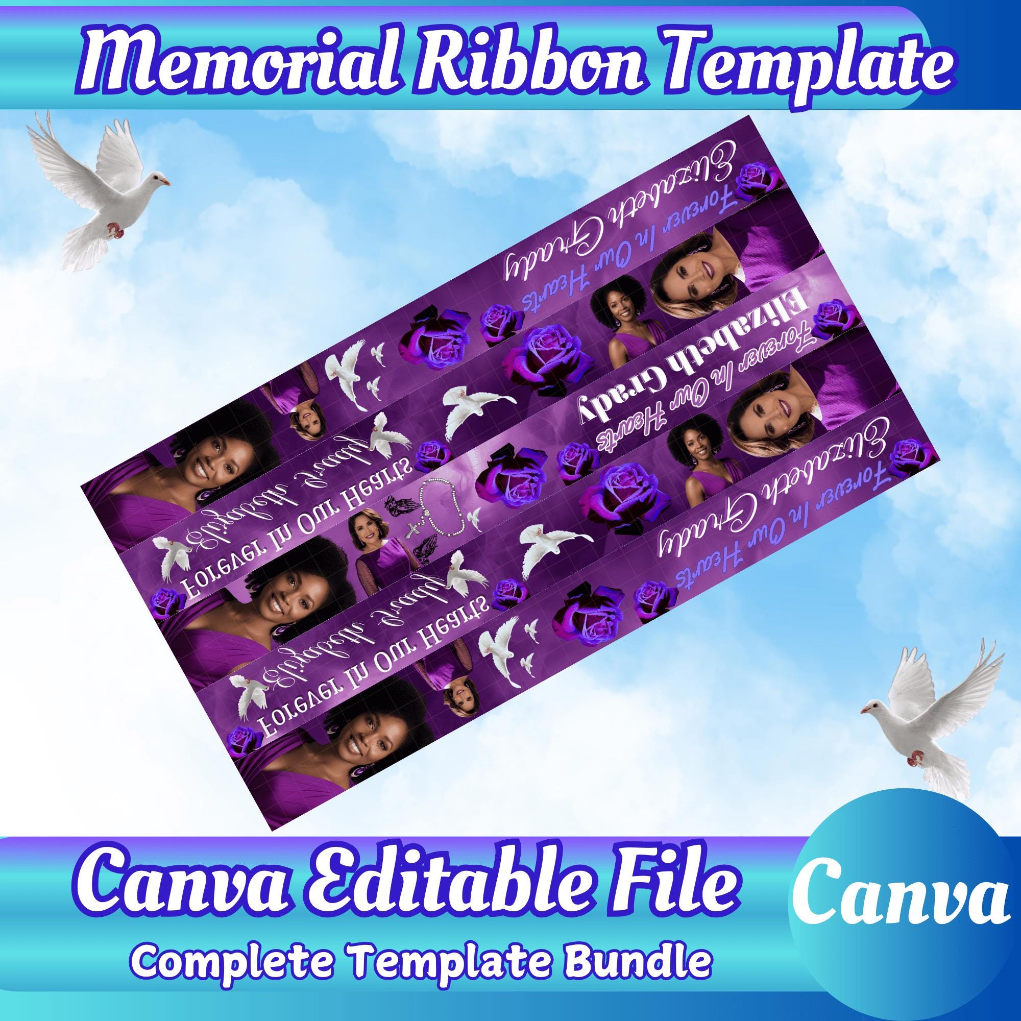 Memorial Ribbon Template Memorial Service Purple Keepsake PDF Image Obituary Customize Funeral Ribbon Personalize Memorial Ribbon Canva PDF