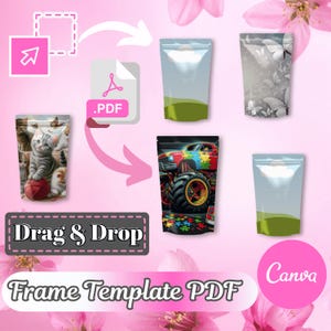 Puede incluir: Una imagen que ilustra un proceso de diseño de "Frame Template PDF". Presenta un fondo rosa con acentos florales, un cuadro de texto "Arrastrar y soltar" y varios diseños de embalaje. Los diseños incluyen una bolsa con temática de gatitos, una bolsa de camión monstruo y bolsas con diseños de mariposas y paisajes verdes.